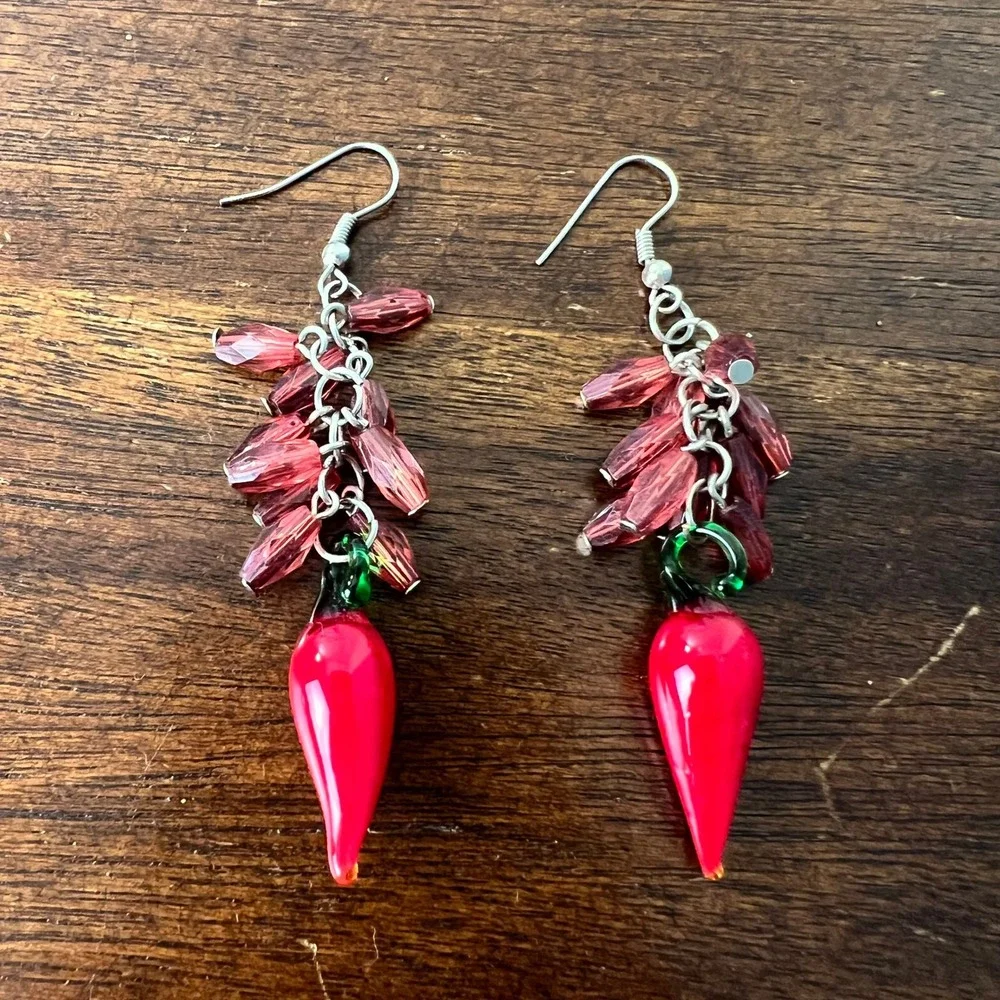 Chili Pepper Drop Earrings Glass Texas Rodeo Cowboy Western Artsy Unique NEW